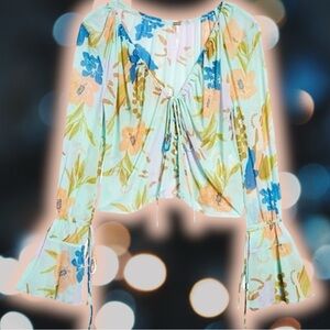 NWT Free People ‘Of Paradise’ Button Up Long Sleeve Crop Top in “Mint Combo” XS